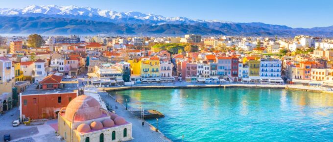 Aerial view of Chania with the amazing lighthouse, mosque, venetian shipyards, Crete, Greece.