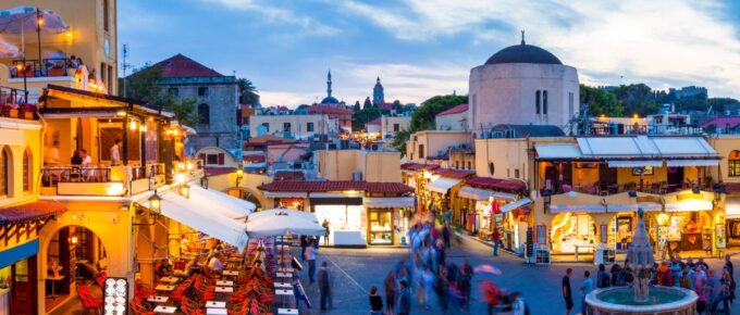 Hippocrates square in the historic Old Town of Rhodes Greece.