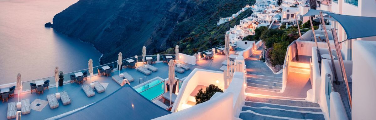 Great evening view of Santorini island, Greece.