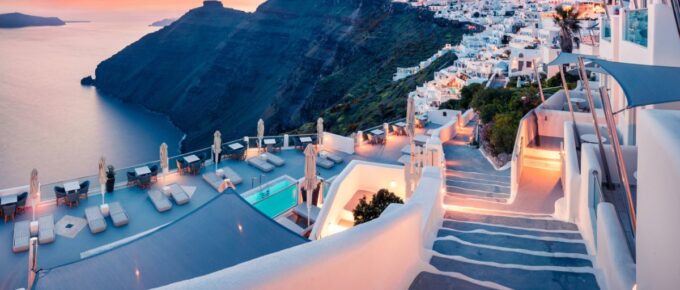 Great evening view of Santorini island, Greece.