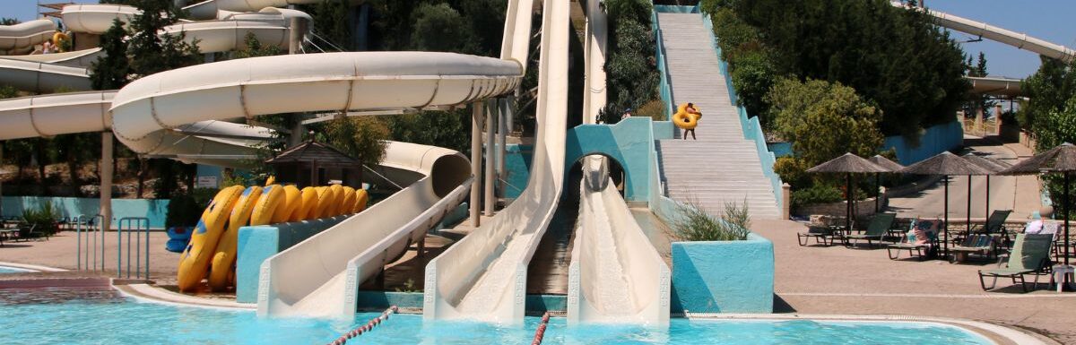WaterPark Faliraki, water slides, and pools in Faliraki, Greece.