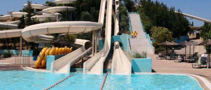 WaterPark Faliraki, water slides, and pools in Faliraki, Greece.