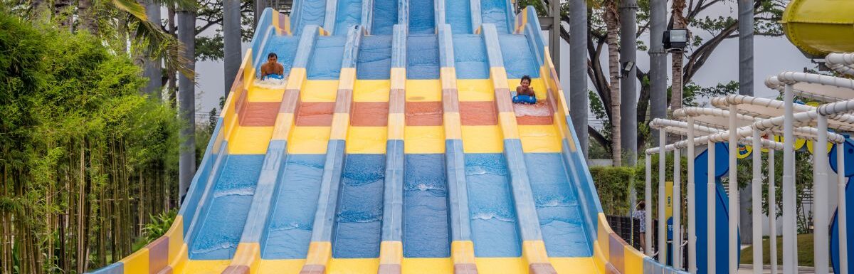 Santorini water park with colorful slide.