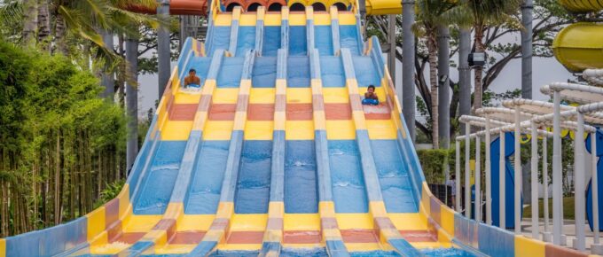 Santorini water park with colorful slide.