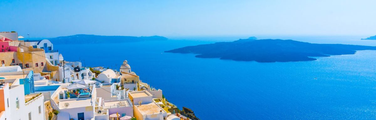 View to the sea and Volcano from Fira the capital of Santorini island in Greece.
