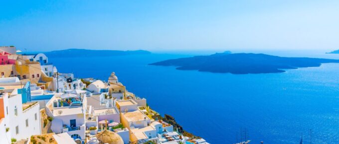View to the sea and Volcano from Fira the capital of Santorini island in Greece.