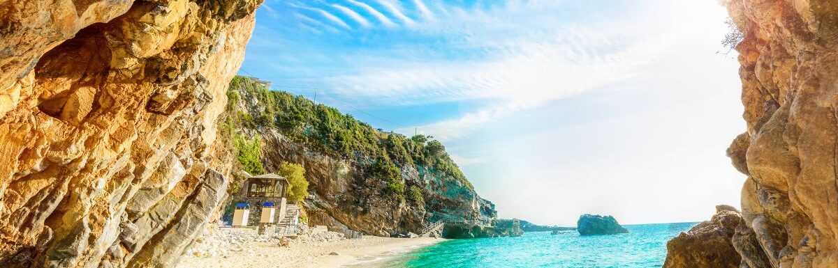 Beautiful view over the sea beach in Corfu island, Pelion, Mylopotamos, Greece.