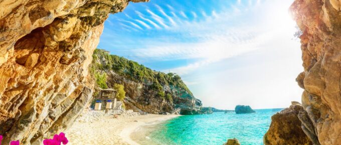 Beautiful view over the sea beach in Corfu island, Pelion, Mylopotamos, Greece.