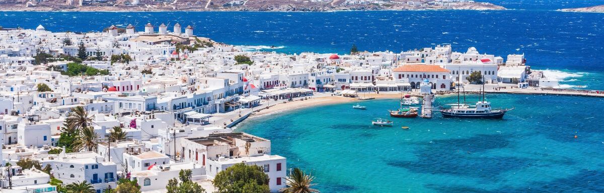 Mykonos, Greece. Panoramic view of Mykonos town, Cyclades islands.