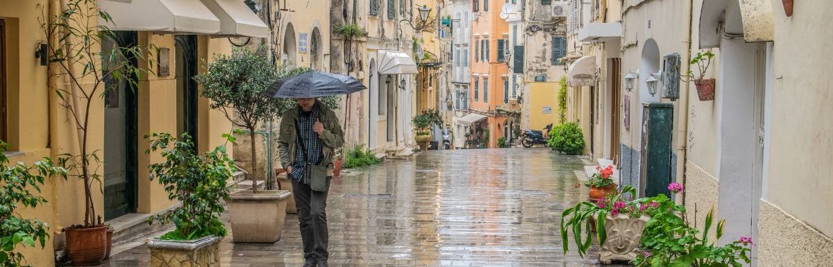 A rainy day in the old town, of Corfu, Greece.