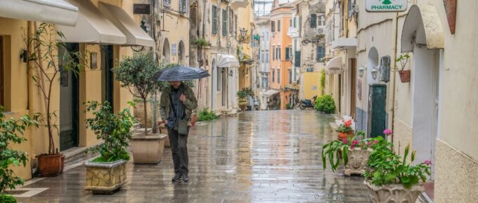 A rainy day in the old town, of Corfu, Greece.