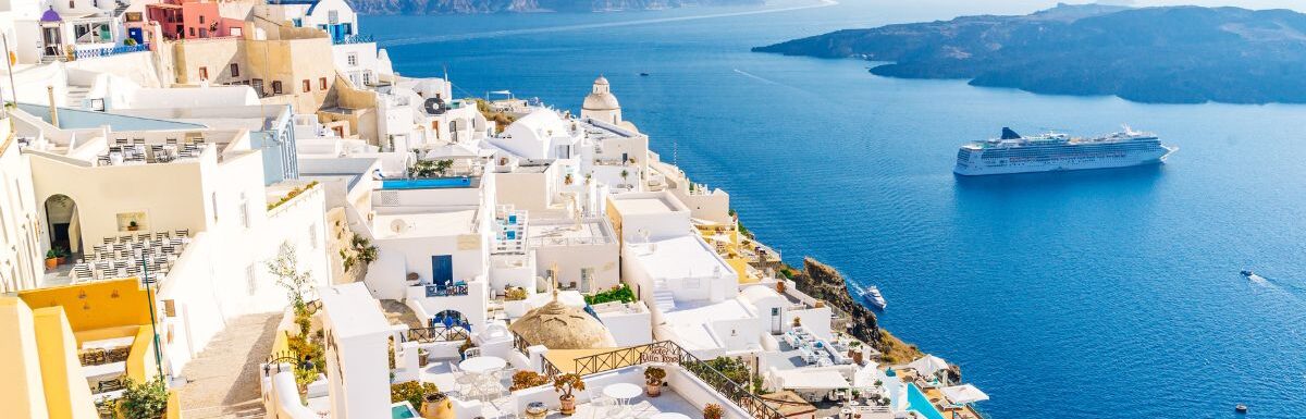 Fira capital of Santorini island and the view of volcanic caldera, Santorini, Greece.