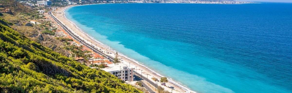 Beautiful Mediterranean landscape of the Ixia coast on the Rhodes island, Greece.