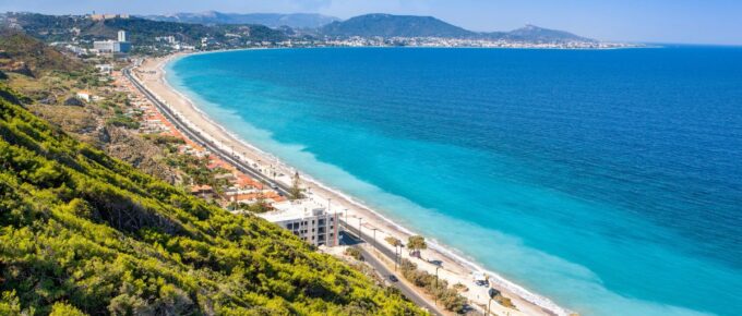 Beautiful Mediterranean landscape of the Ixia coast on the Rhodes island, Greece.