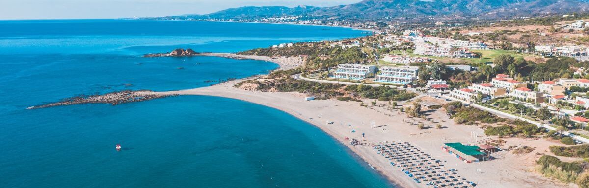 Aerial birds eye view drone photo of Rhodes island, Kiotari, Greece.