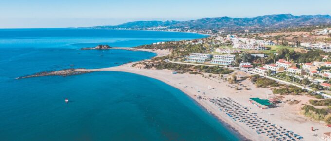 Aerial birds eye view drone photo of Rhodes island, Kiotari, Greece.