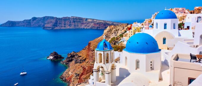 View of Oia town in Santorini island in Greece.