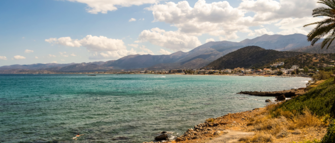 View of the coast and the beach of Stalis in the north of the island of Crete in Greece.
