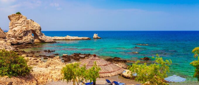 Sea skyview landscape photo of picturesque beach near Stegna and Archangelos on Rhodes island, Dodecanese, Greece.