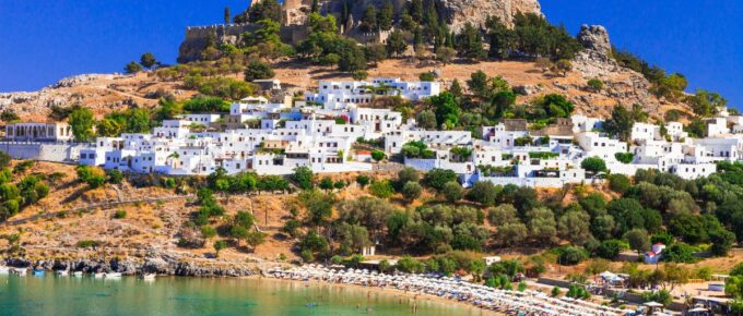 Rhodes island, a famous for its historic landmarks and beautiful beaches in Greece.
