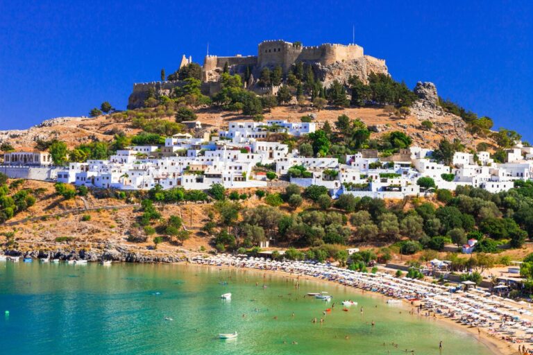 Rhodes island, a famous for its historic landmarks and beautiful beaches in Greece.