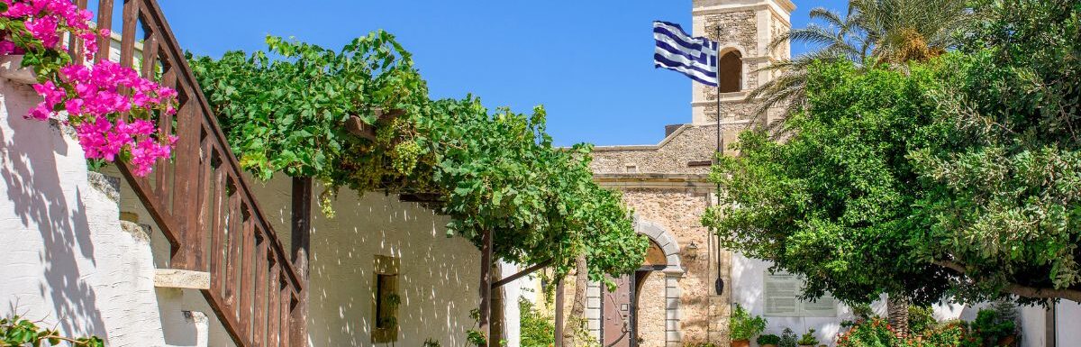 A view of the Toplou Monastery in Crete, Greece in January 2023.