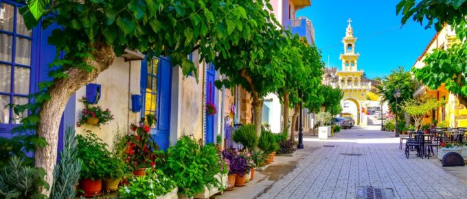 Streets of traditional village of Paleochora, Crete, Greece on June 2019.