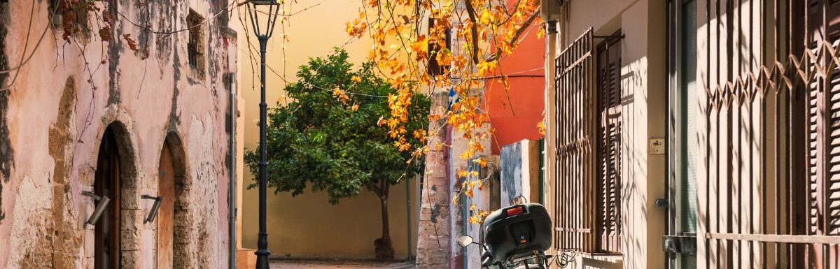 Beautiful street in Chania, Crete island, Greece. Autumn landscape.