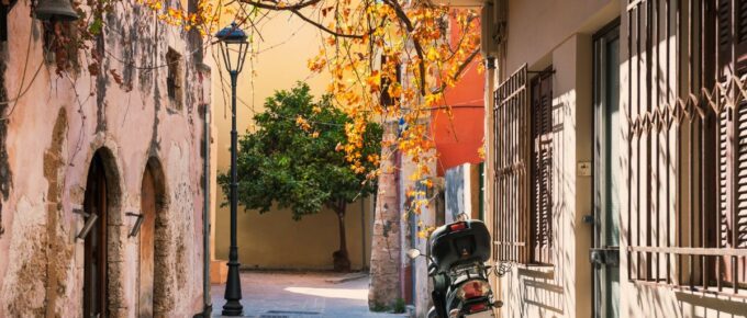 Beautiful street in Chania, Crete island, Greece. Autumn landscape.