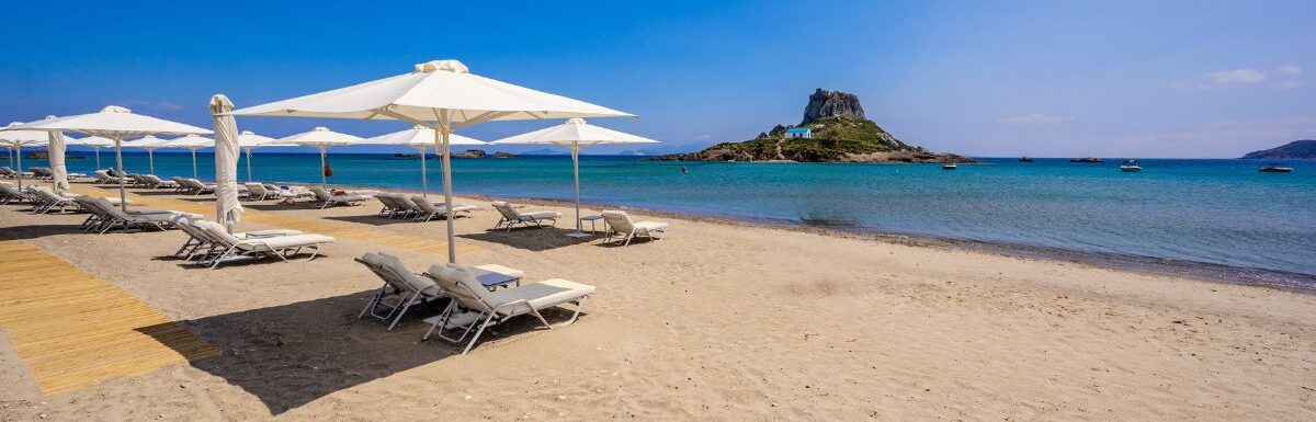 Historical ruins and paradise scenery on the coast of the island of Kos, Greece.