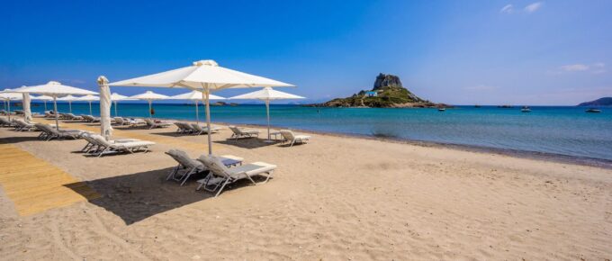 Historical ruins and paradise scenery on the coast of the island of Kos, Greece.