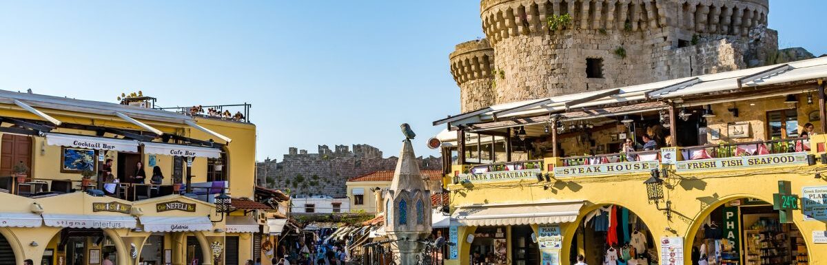 Main square of Rhodes old town, Hippocrates square, Rhodes, Greece.