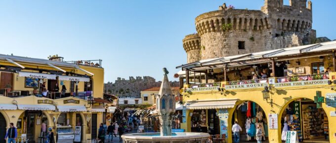 Main square of Rhodes old town, Hippocrates square, Rhodes, Greece.