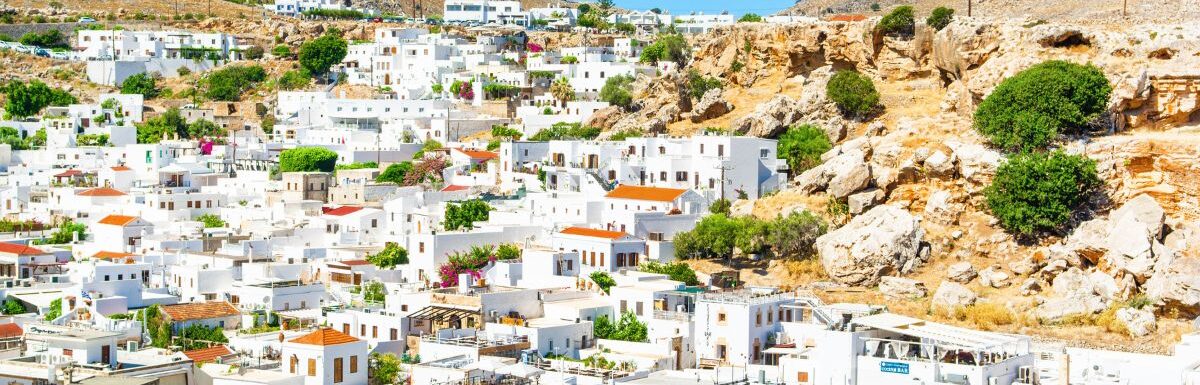 Beautiful landscape of Lindos old town on the Rhodes island, Greece, in August of 2019.