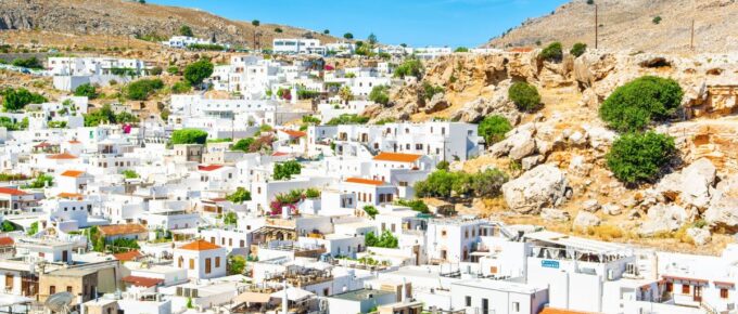 Beautiful landscape of Lindos old town on the Rhodes island, Greece, in August of 2019.