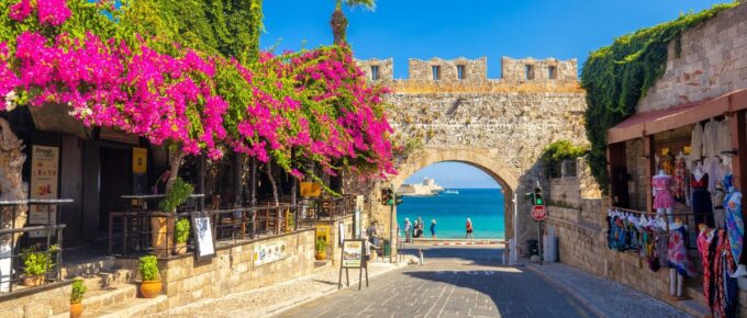 Gate of Virgin Mary in the historic center of the Rhodes city, Rhodes, Greece.