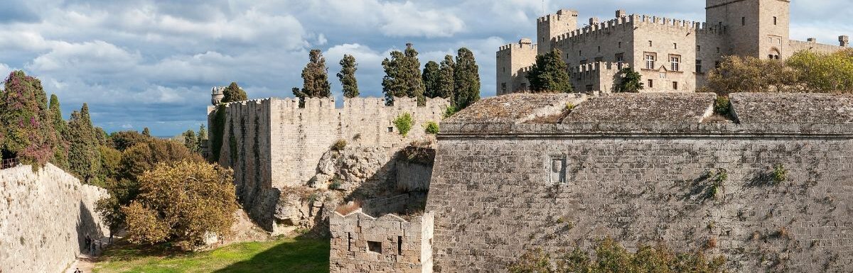 Panoramic view of Castle of the Knights, fortress of crusader in Rhodes, Greece.