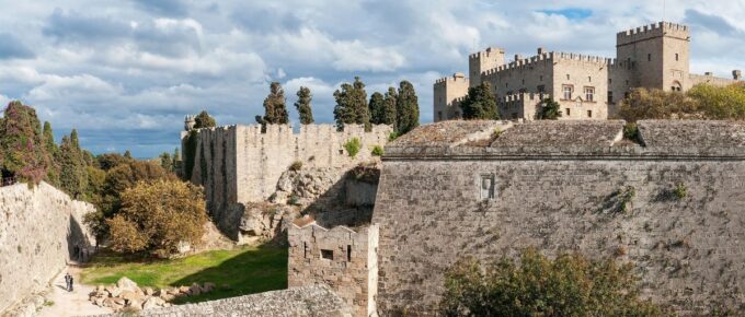 Panoramic view of Castle of the Knights, fortress of crusader in Rhodes, Greece.
