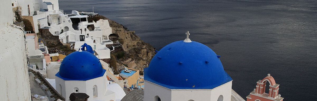 White and blue architecture in Santorini, Greece.