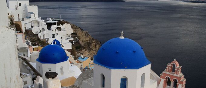 White and blue architecture in Santorini, Greece.