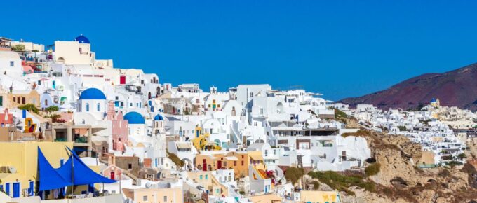 Oia village, the most picturesque village on Santorini island in Santorini, Greece in October.