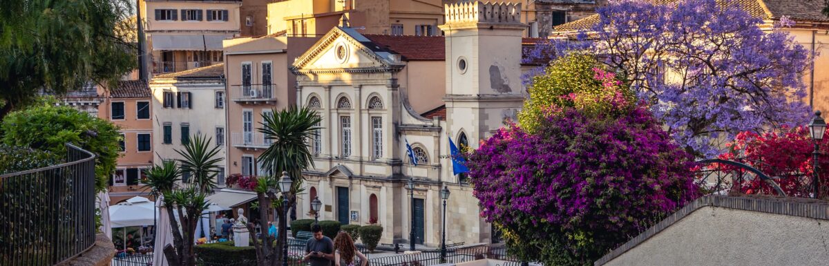 Dimarchiou Square is in the historic part of Corfu, the capital of Corfu Island, Greece.