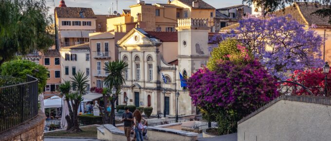 Dimarchiou Square is in the historic part of Corfu, the capital of Corfu Island, Greece.